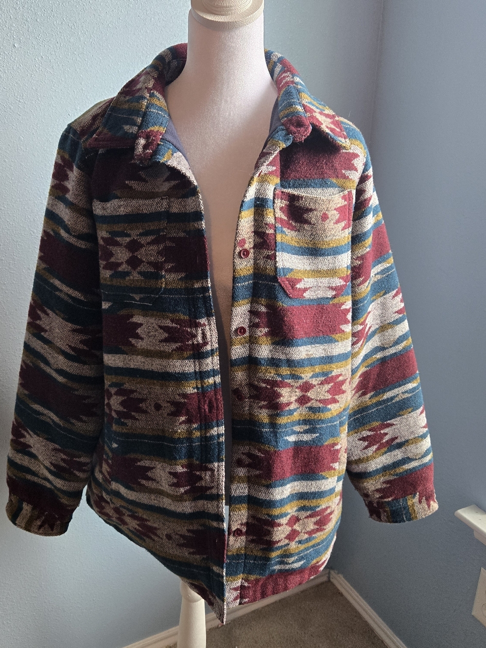 Patterned Overshirt Jacket in Burgundy and Teal